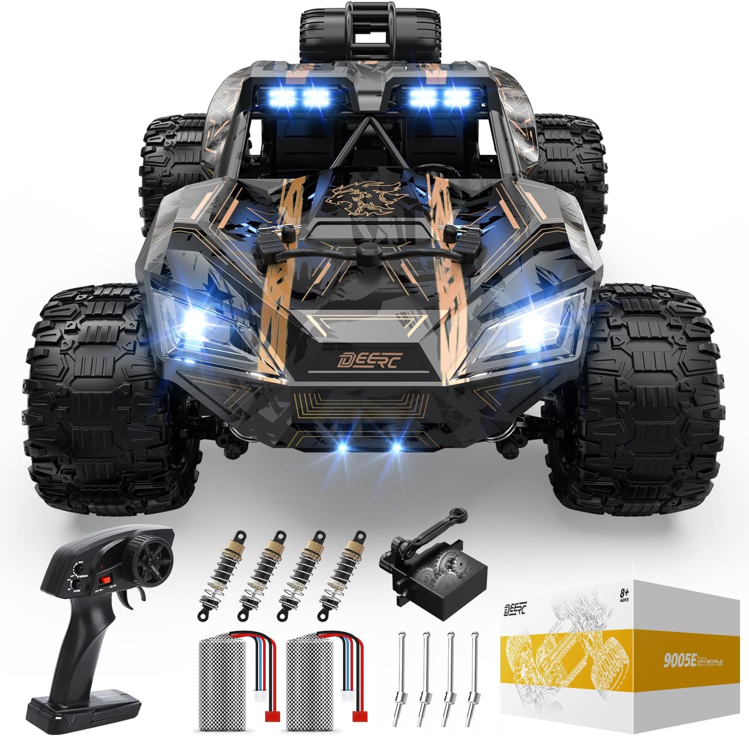 DEERC 9005E 1:14 Crawler RC Car with 48Kph High Speed, LED Headlight, Offroad 4x4, 2 Batteries, 40 Mins Playtime