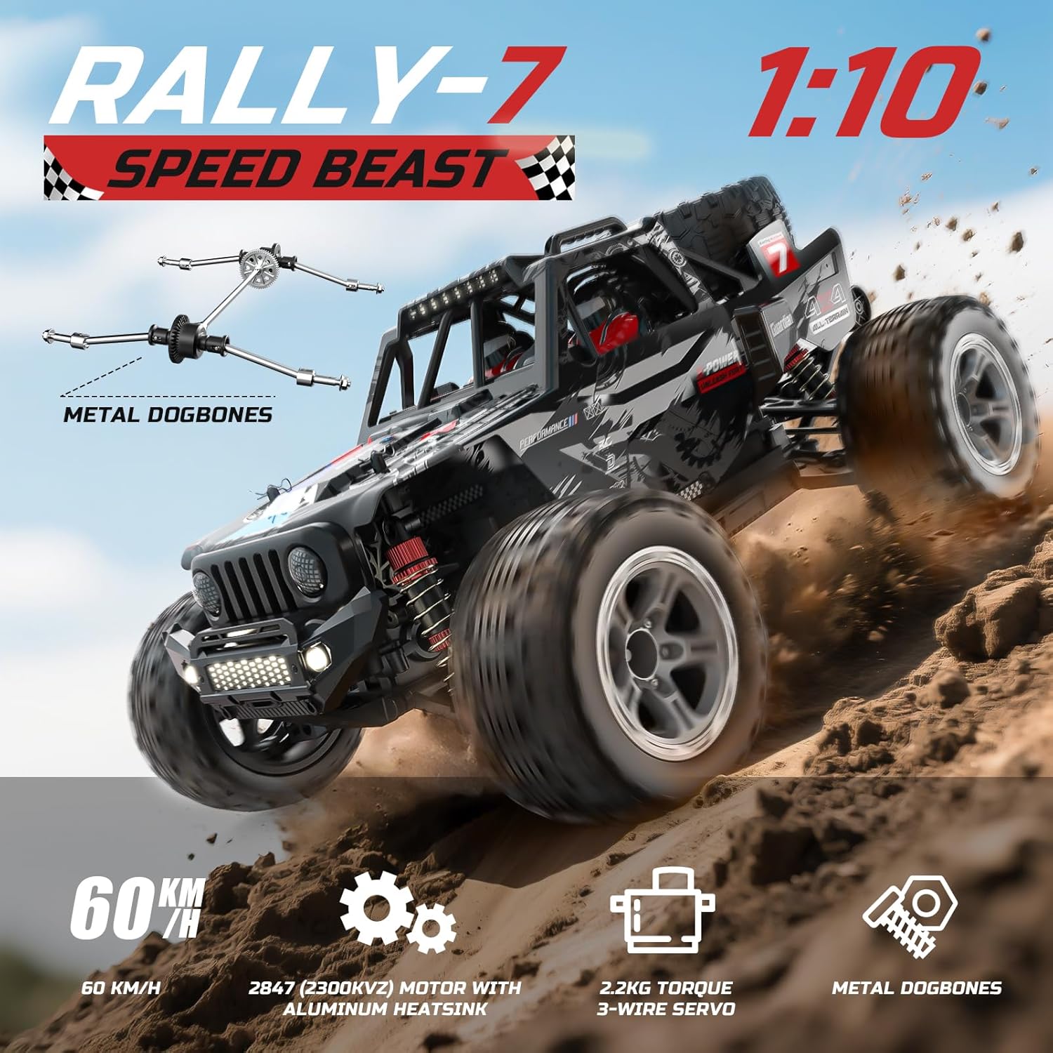 DEERC 207E 1:10 Brushless RC Truck with 60 KMH High Speed, 4WD Electric Off-Road, All Terrain, 3S Batteries