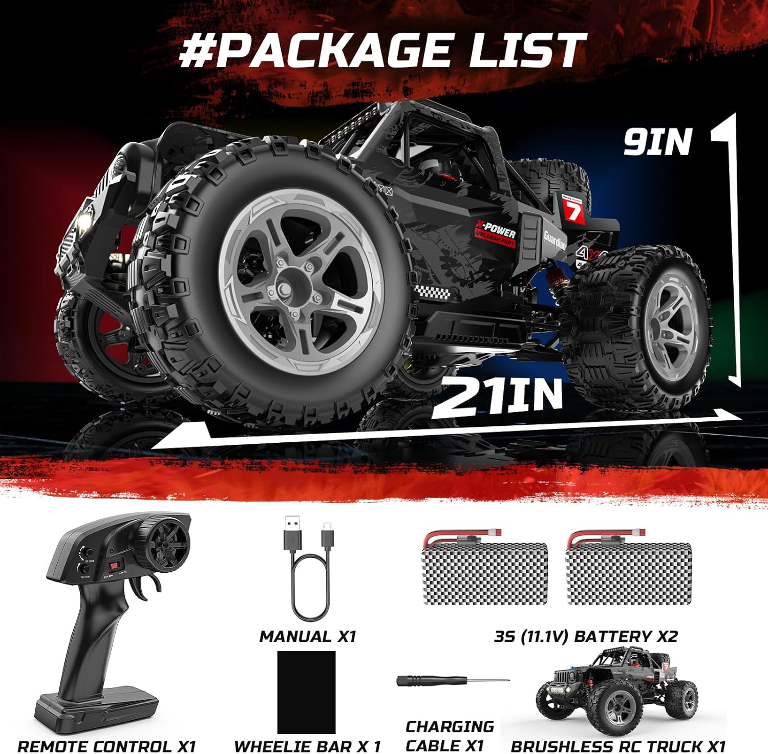 DEERC 207E 1:10 Brushless RC Truck with 60 KMH High Speed, 4WD Electric Off-Road, All Terrain, 3S Batteries