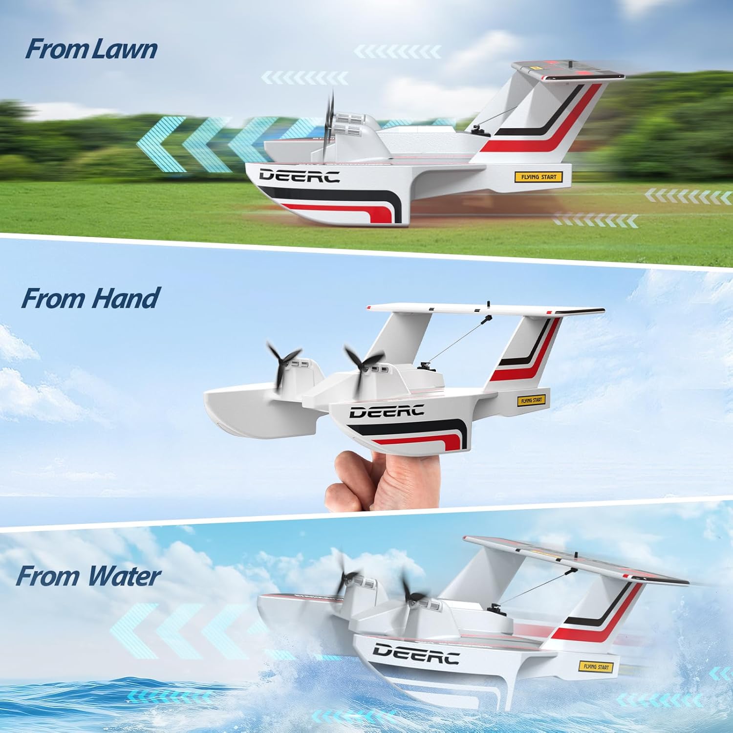 DEERC Z62 RC Plane for Water Land & Air, Amphibious Tri-Phibian Aircraft, 3CH Remote Control Plane W/ 2 Batteries, 2.4GHz RTF Airplane Glider for Boy Girl