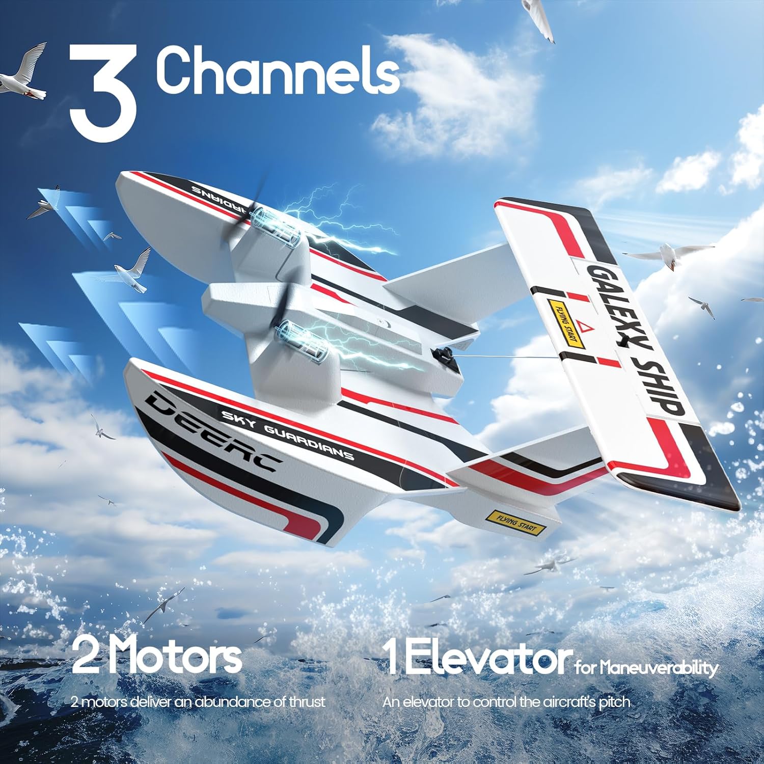 DEERC Z62 RC Plane for Water Land & Air, Amphibious Tri-Phibian Aircraft, 3CH Remote Control Plane W/ 2 Batteries, 2.4GHz RTF Airplane Glider for Boy Girl