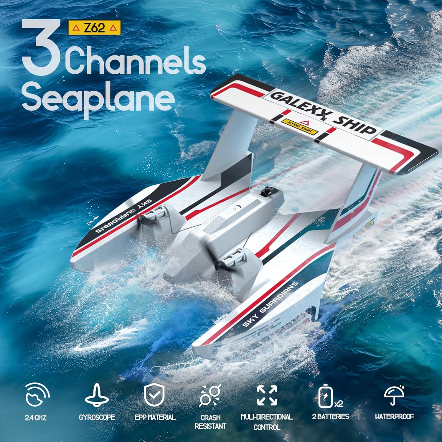 DEERC Z62 RC Plane for Water Land & Air, Amphibious Tri-Phibian Aircraft, 3CH Remote Control Plane W/ 2 Batteries, 2.4GHz RTF Airplane Glider for Boy Girl