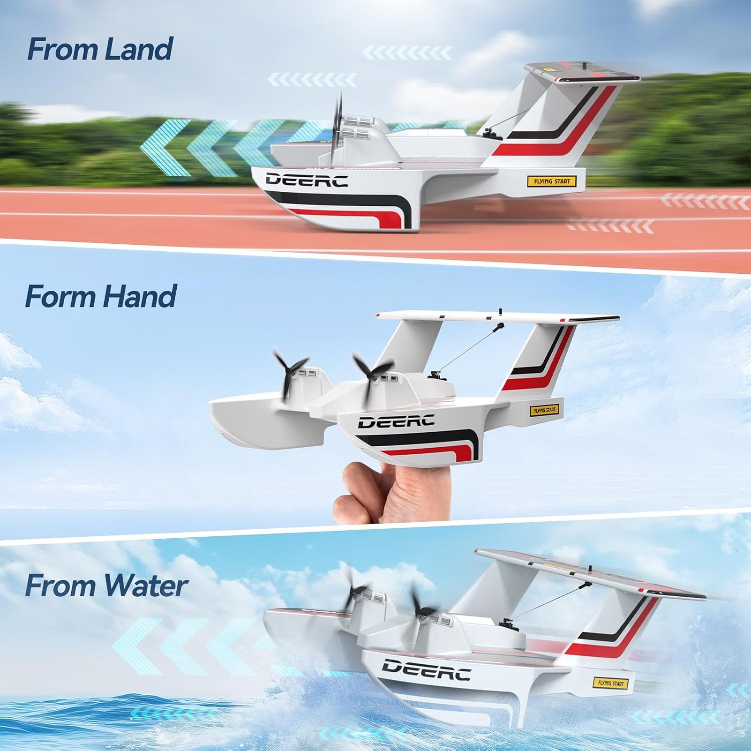DEERC Z62 RC Plane for Water Land & Air, Amphibious Tri-Phibian Aircraft, 3CH Remote Control Plane W/ 2 Batteries, 2.4GHz RTF Airplane Glider for Boy Girl