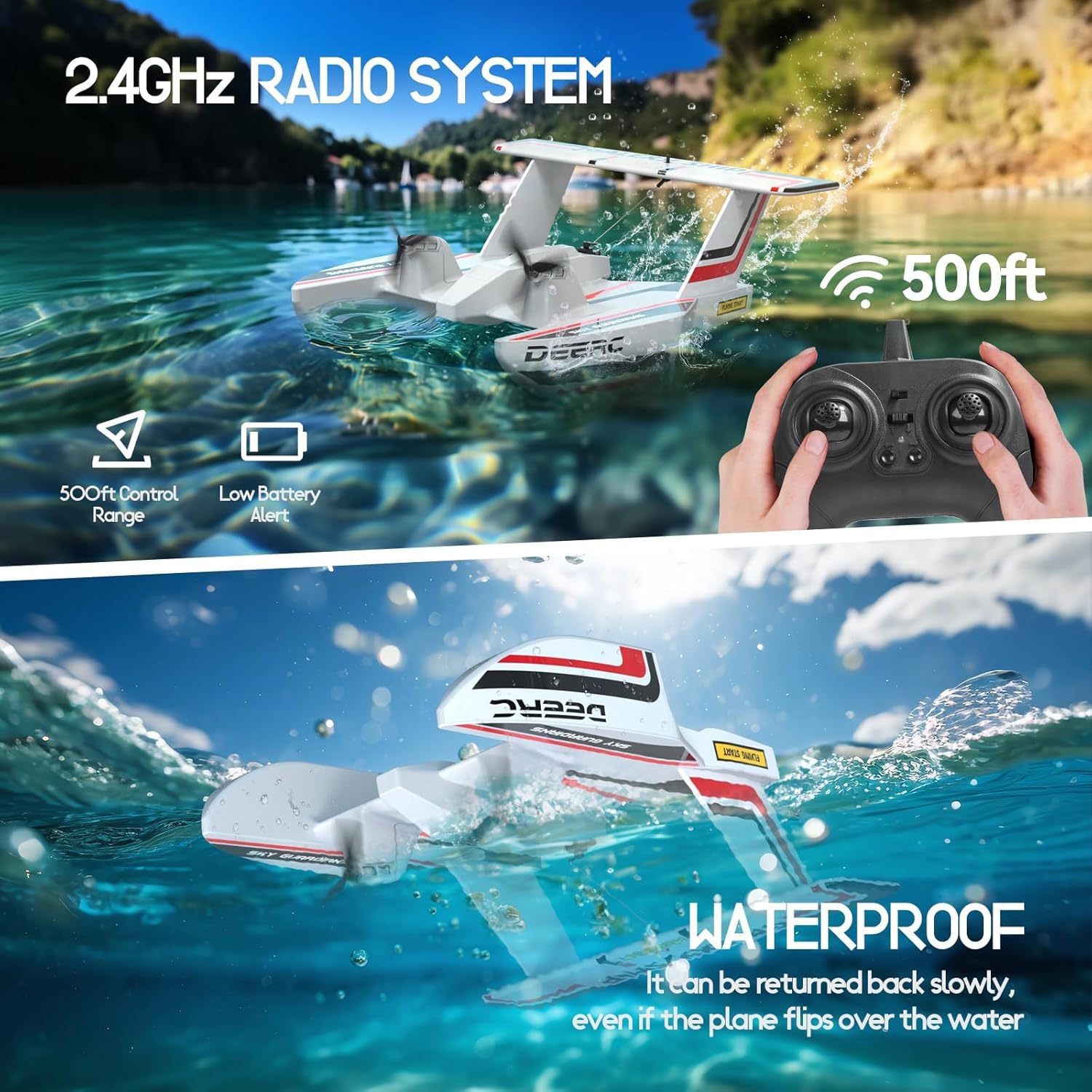 DEERC Z62 RC Plane for Water Land & Air, Amphibious Tri-Phibian Aircraft, 3CH Remote Control Plane W/ 2 Batteries, 2.4GHz RTF Airplane Glider for Boy Girl