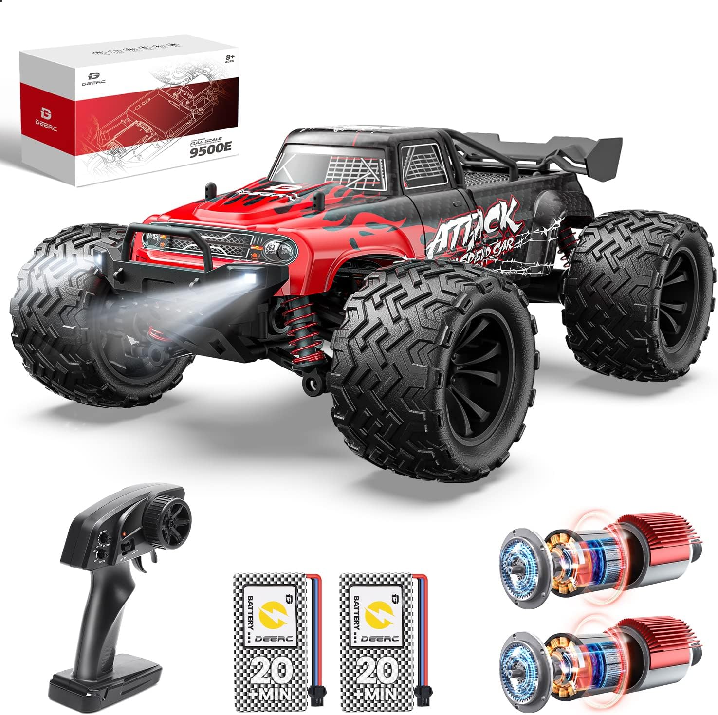 DEERC 9500E 1:16 High-Speed RC Car with Lights, 40 KM/H, 4x4 Off-Road, All-Terrain, Dual Motor, 2 Batteries, Unavailable in Canada
