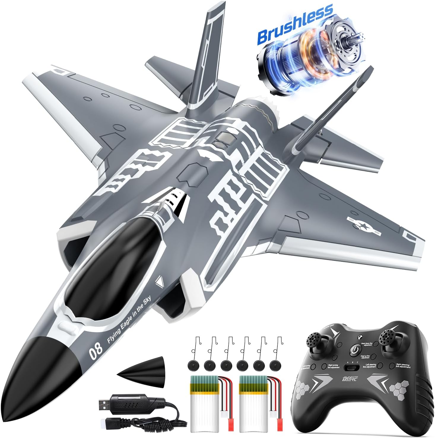 DEERC F35 4 Channel Brushless RC Plane with 2.4GHz, 6-axis Gyro Stabilizer, 8M Taxi Takeoff, 3D Stunts, 500FT Range, 20-min Flight