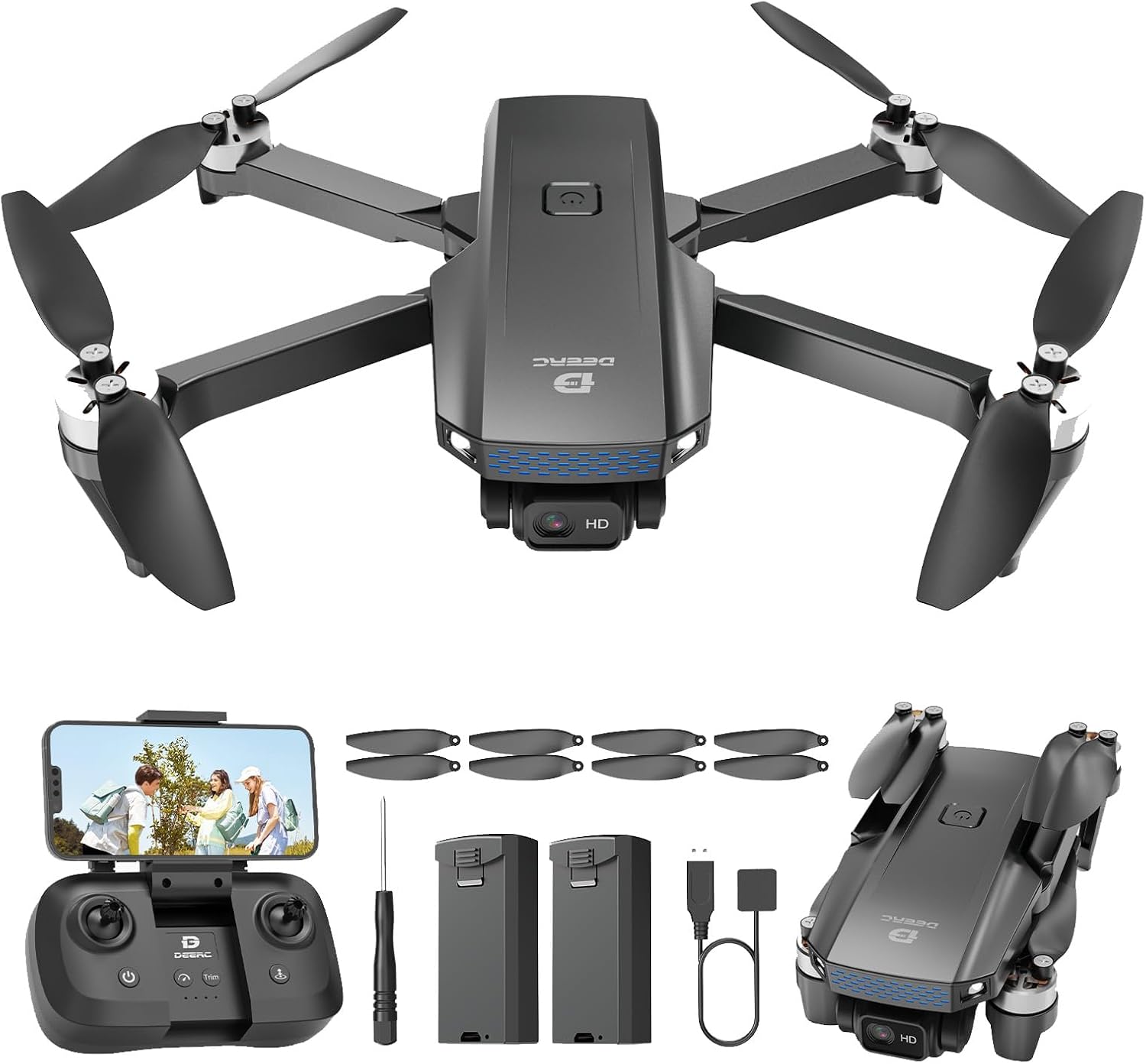 DEERC D20S FPV Drone with 1080P HD Camera, Brushless Motor, Circle Fly, High-Speed Rotation, Optical Flow, Altitude Hold, Emergency Stop, 3D Flips, 2 Batteries, Available in US And DE