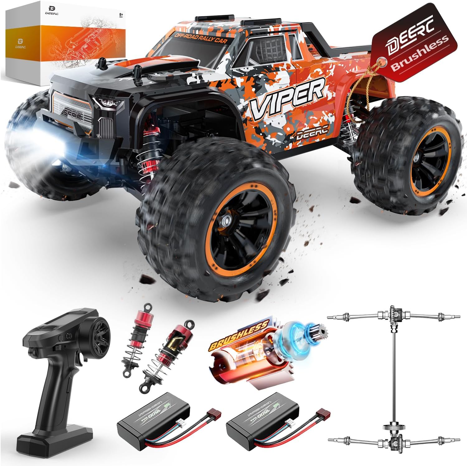DEERC H16R 1:16 High Speed RC Cars, 52KM/H, 4X4 All-Terrain RC Monster Truck,Waterproof, Brushless Motor, 2 Li-ion Batteries