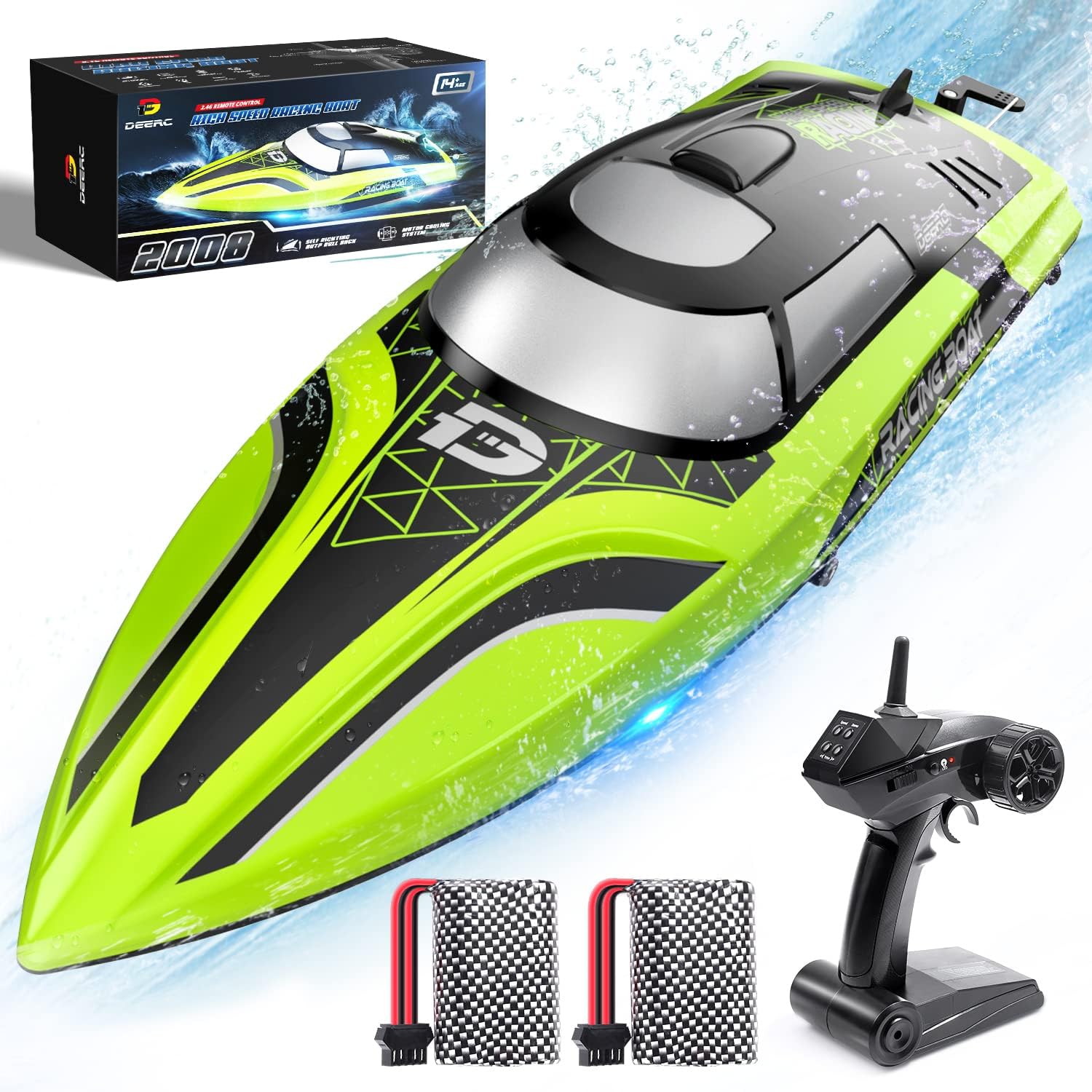 DEERC 2008 High Speed RC Boat with 2.4GHz, 20+ MPH, 30-Min Playtime, Self-Righting, Auto-Pilot Mode, LED Light, Available in US/DE/UK