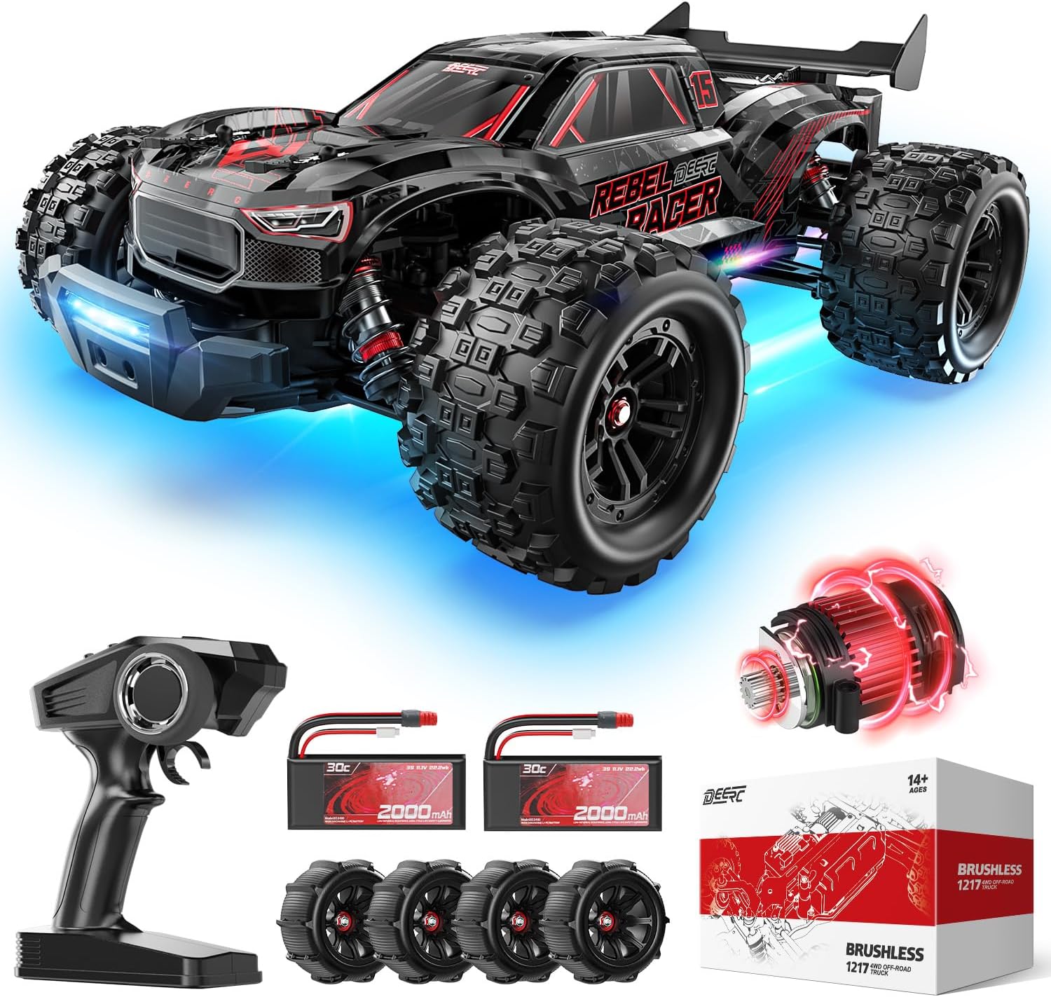 DEERC 1217 1:14 High-Speed RC Car, Fast Brushless Max 75+ KMH, 2*3S Lipo Batteries, 4WD RC Trucks Waterproof, 7 Lighting Modes, All Terrain Remote Control Car