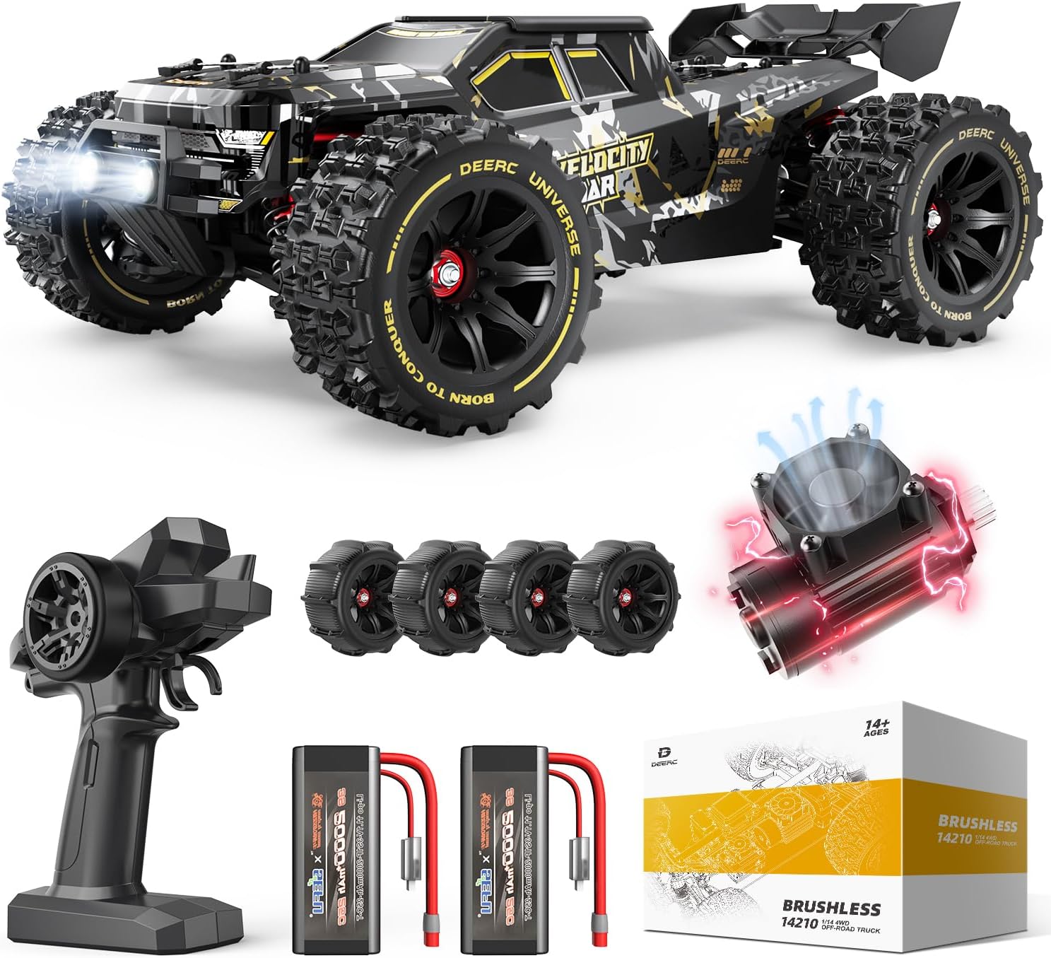 DEERC 14210 1:14 High-Speed RC Cars, Max 50+ MPH, 2 3S Lipo Batteries, Brushless Motor, 4x4 Waterproof, All-Terrain RC Truggy for Snow,Sand & Mud, Available in US/CA/UK