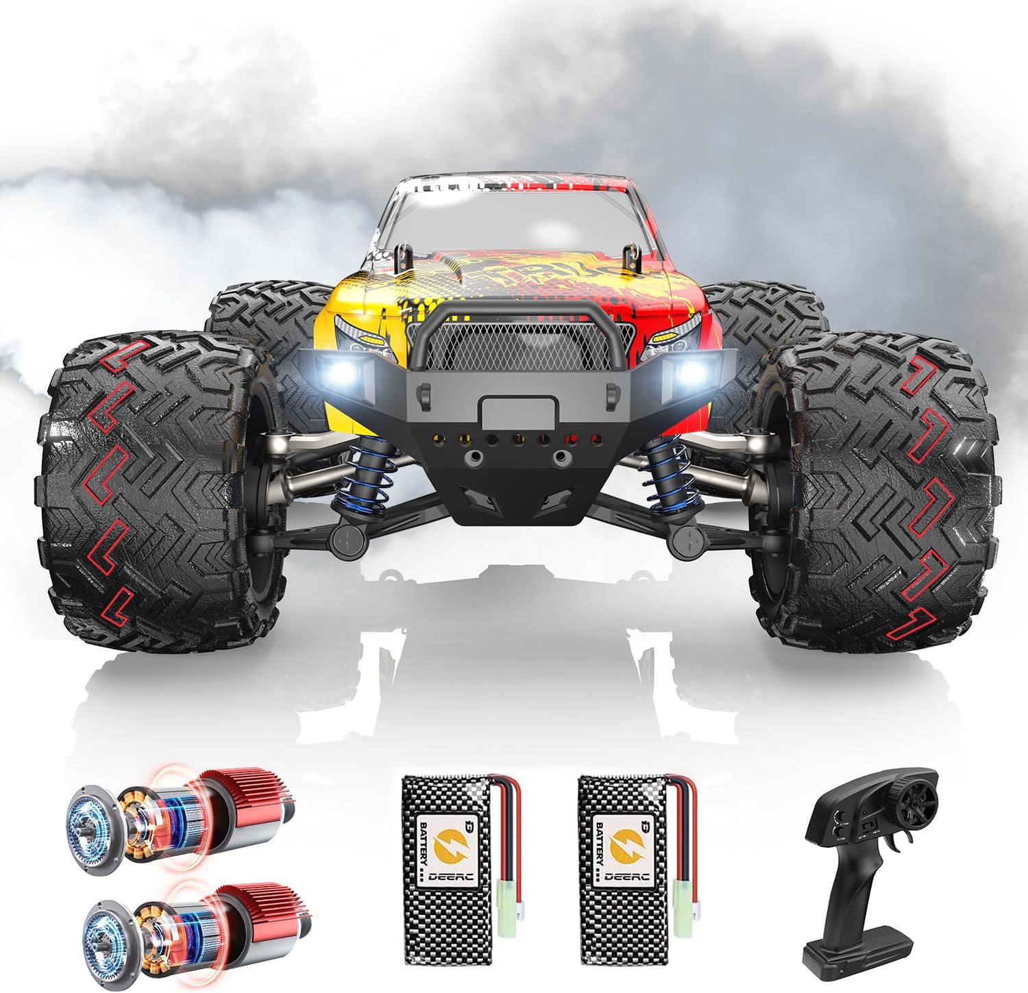 DEERC 9310 1:16 RC Car with 30+MPH, 4WD Off Road, All Terrains, 2 Batteries for 40Min Playtime, LED Lights