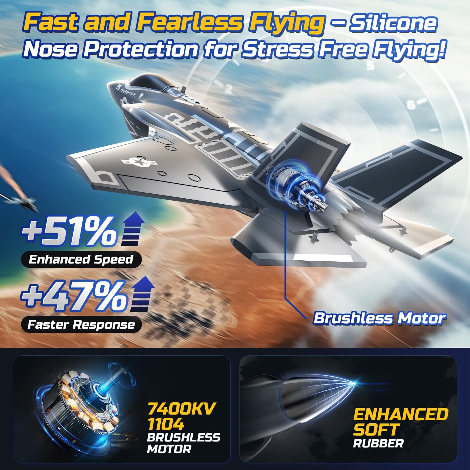DEERC F35 4 Channel Brushless RC Plane with 2.4GHz, 6-axis Gyro Stabilizer, 8M Taxi Takeoff, 3D Stunts, 500FT Range, 20-min Flight