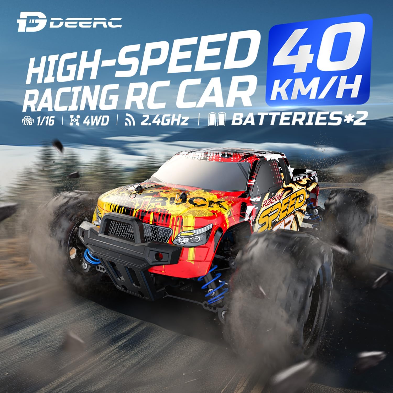 DEERC 9310 1:16 RC Car with 30+MPH, 4WD Off Road, All Terrains, 2 Batteries for 40Min Playtime, LED Lights