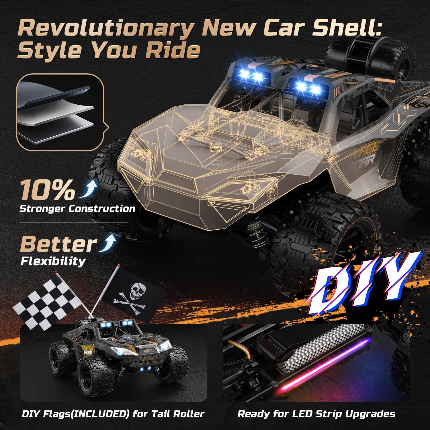 DEERC 9005E 1:14 Crawler RC Car with 48Kph High Speed, LED Headlight, Offroad 4x4, 2 Batteries, 40 Mins Playtime