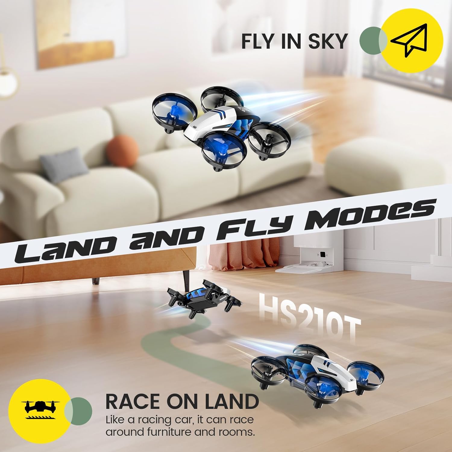 Holy Stone HS210T 2-in-1 Indoor Drone with Land & Fly Mode, Four Posture Deformations, Circle Fly, LED Lights, 3D Flip, Auto Hover, Toy Gift