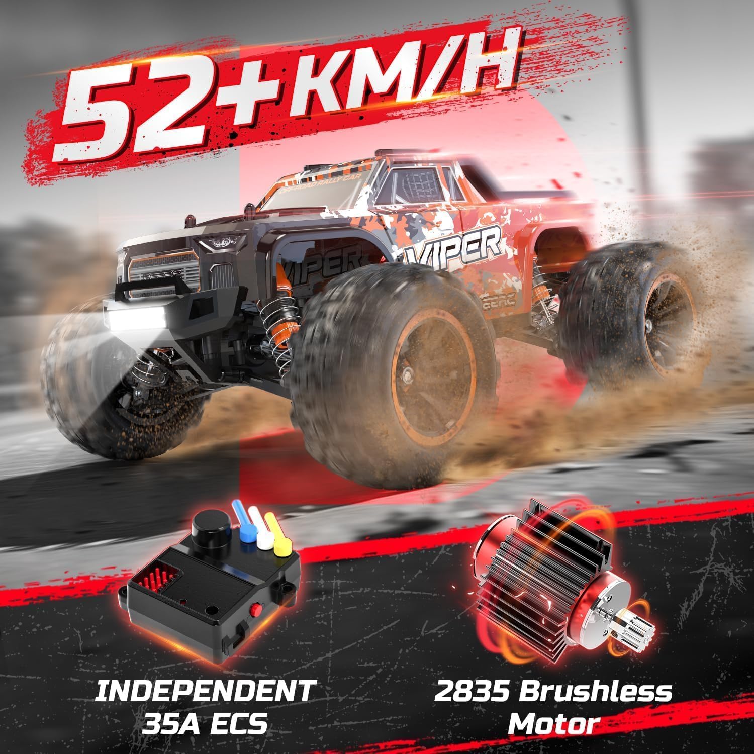 DEERC H16R 1:16 High Speed RC Cars, 52KM/H, 4X4 All-Terrain RC Monster Truck,Waterproof, Brushless Motor, 2 Li-ion Batteries