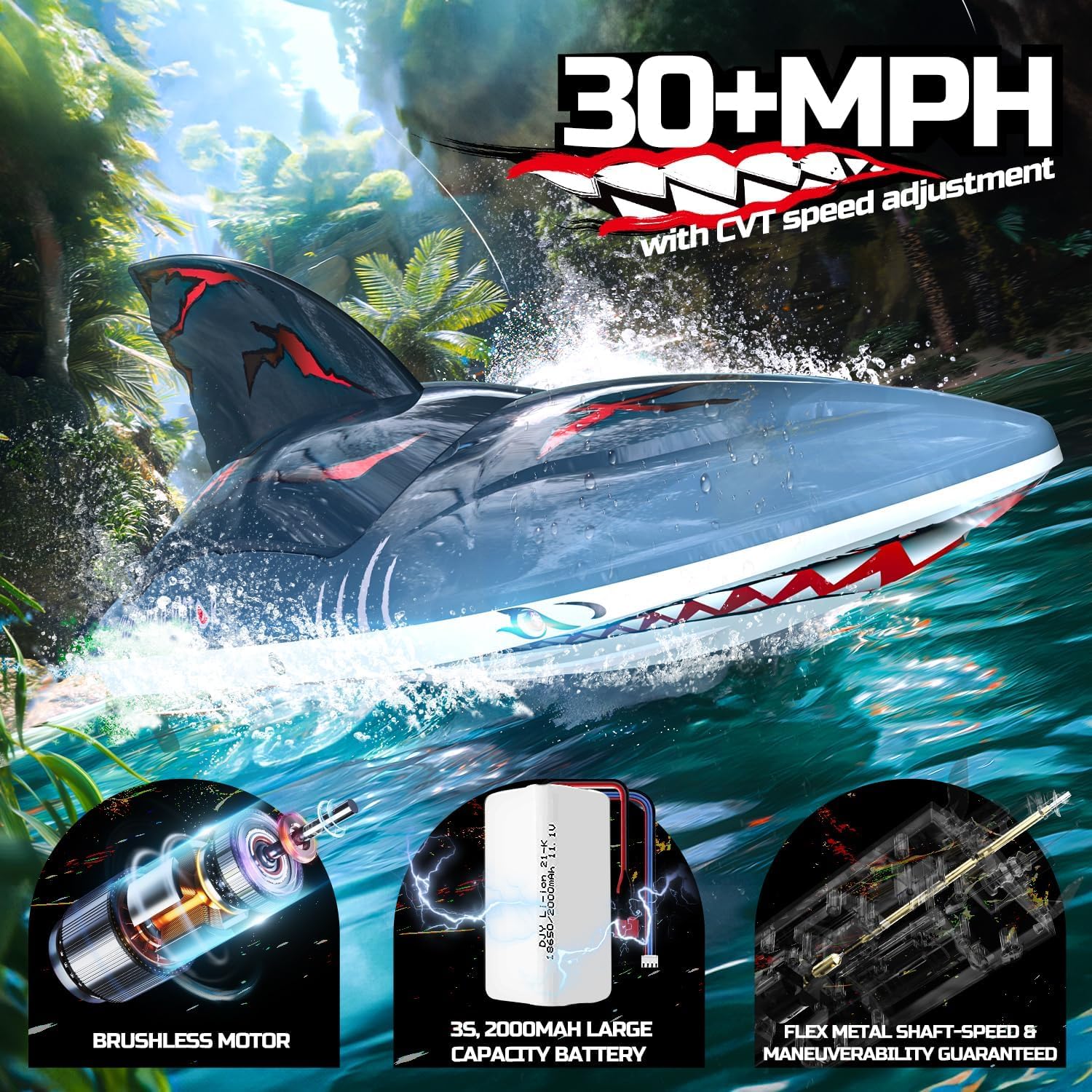 DEERC High Speed RC Boat with 30+MPH,  Brushless Motor, Self-righting, Demo Stunts, Waterproof, LED Light, 2.4Ghz RC Boat, Available in US/UK/CA/DE