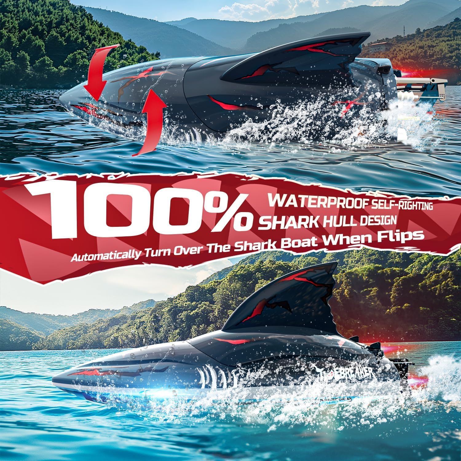 DEERC High Speed RC Boat with 30+MPH,  Brushless Motor, Self-righting, Demo Stunts, Waterproof, LED Light, 2.4Ghz RC Boat, Available in US/UK/CA/DE