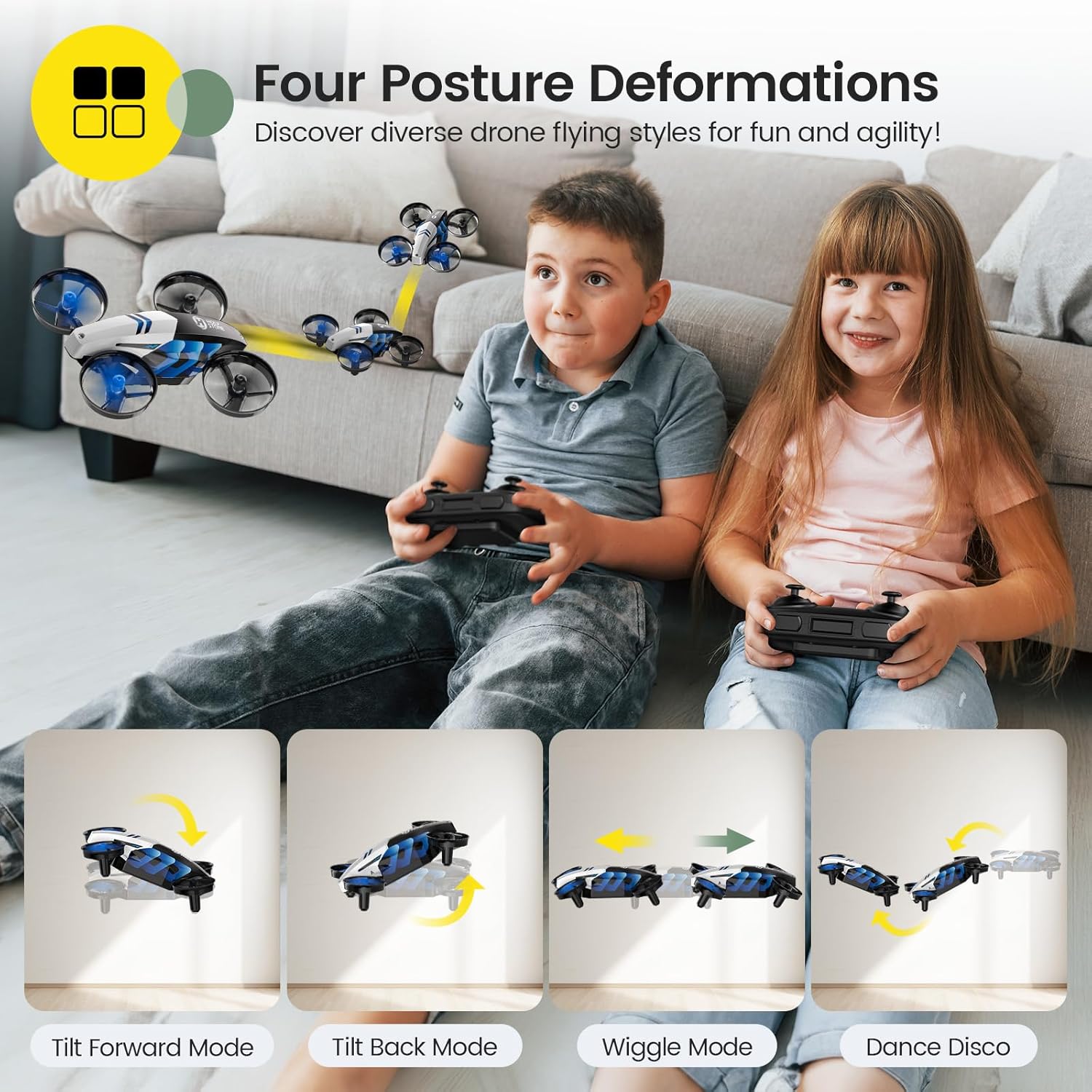 Holy Stone HS210T 2-in-1 Indoor Drone with Land & Fly Mode, Four Posture Deformations, Circle Fly, LED Lights, 3D Flip, Auto Hover, Toy Gift