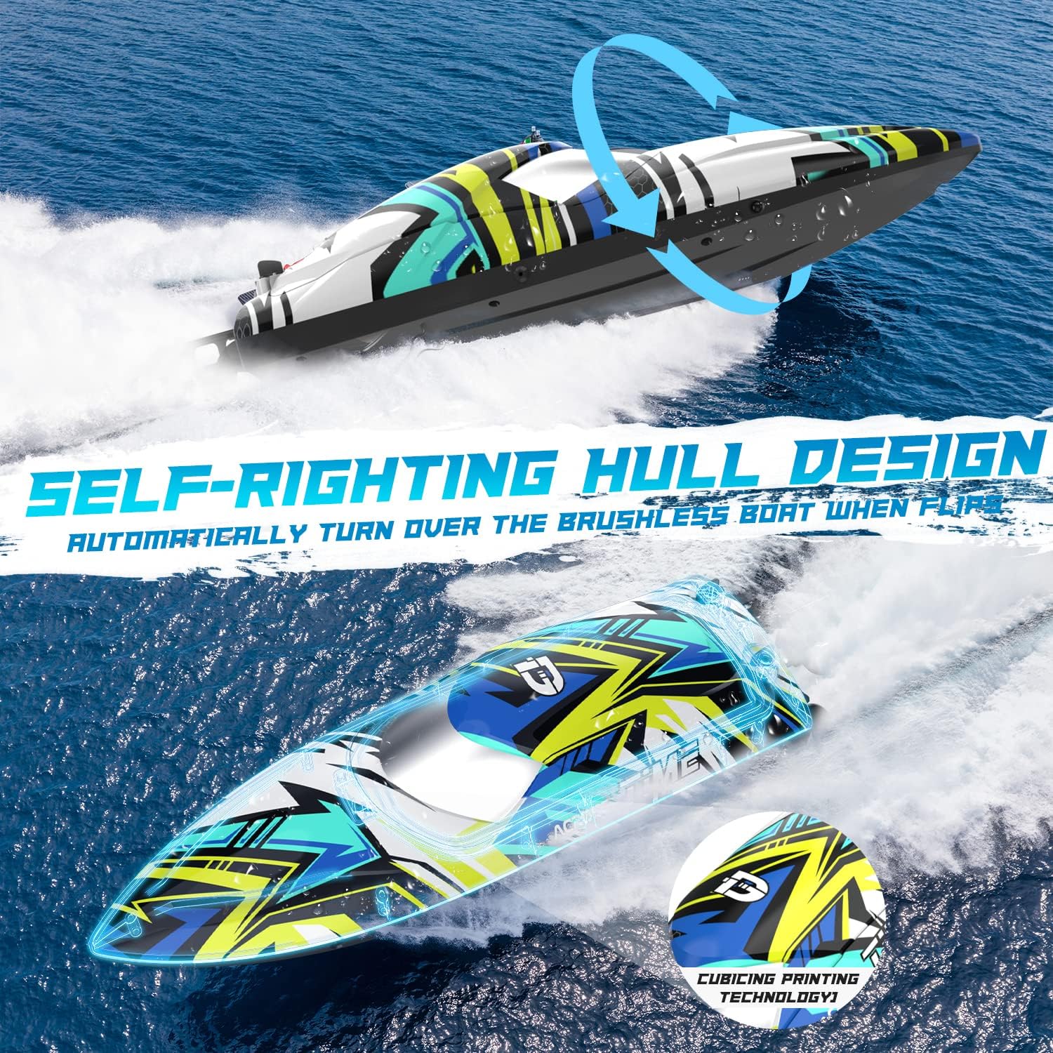 DEERC 2104 High Speed RC Boat with 30+ MPH, Brushless Motor, Self-Righting, Demo Stunts, Waterproof,  LED Light, 2.4Ghz RC Boat, Available in US/DE/CA