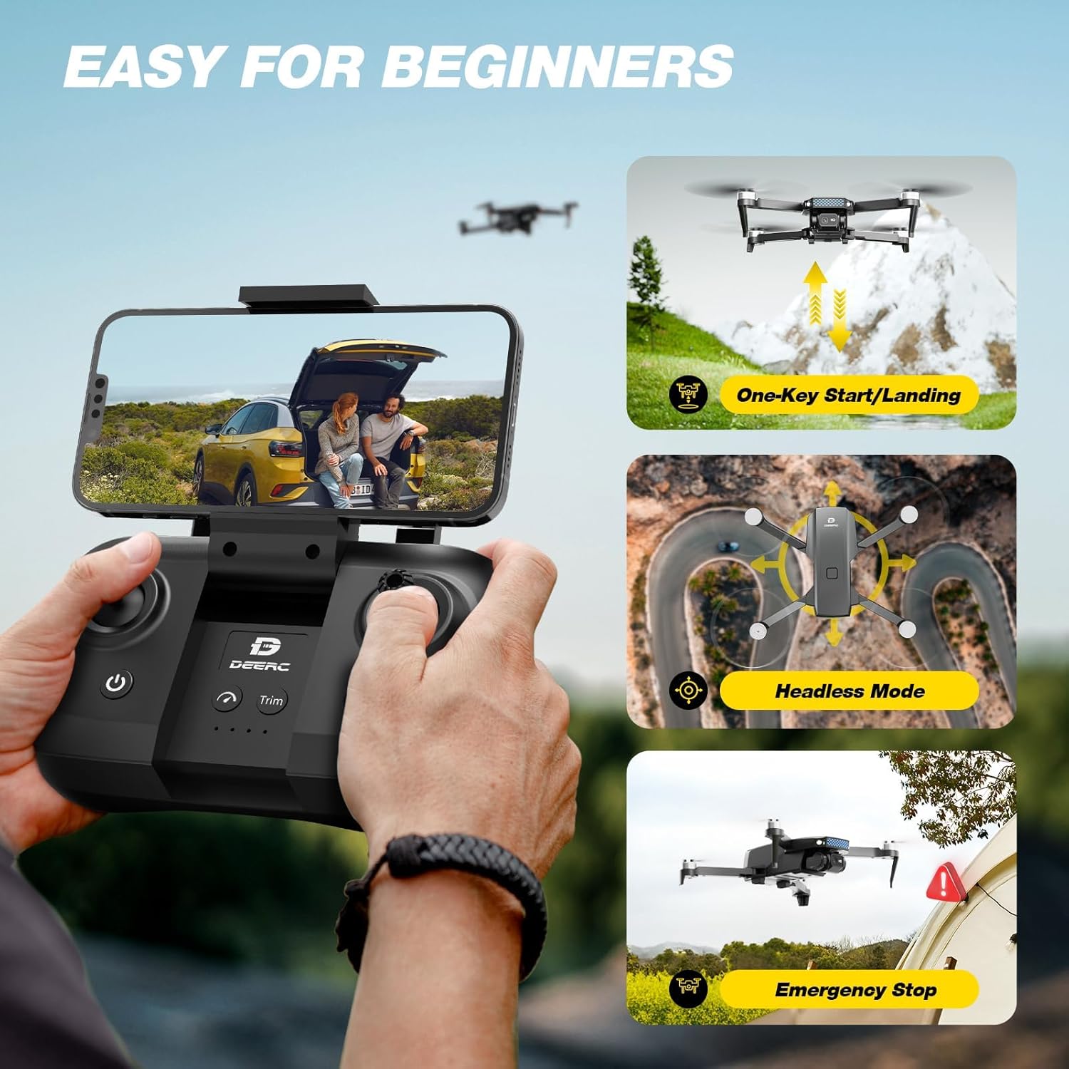 DEERC D20S FPV Drone with 1080P HD Camera, Brushless Motor, Circle Fly, High-Speed Rotation, Optical Flow, Altitude Hold, Emergency Stop, 3D Flips, 2 Batteries, Available in US And DE