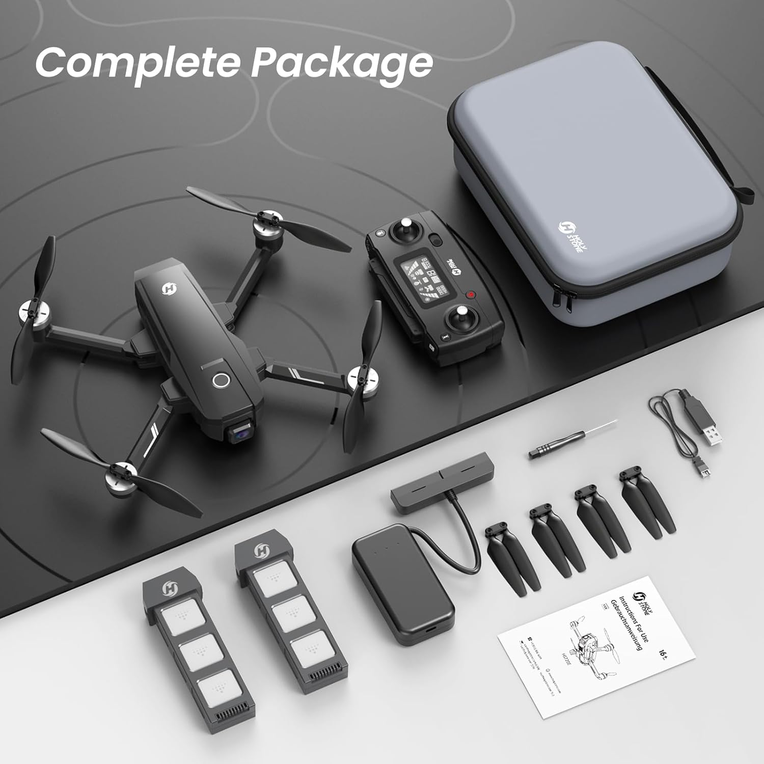 Holy Stone HS720E Drone Package Includes Drone, Transmitter, Portable Bag, Charging Hub, 2 Batteries, and 4 Propeller Blades