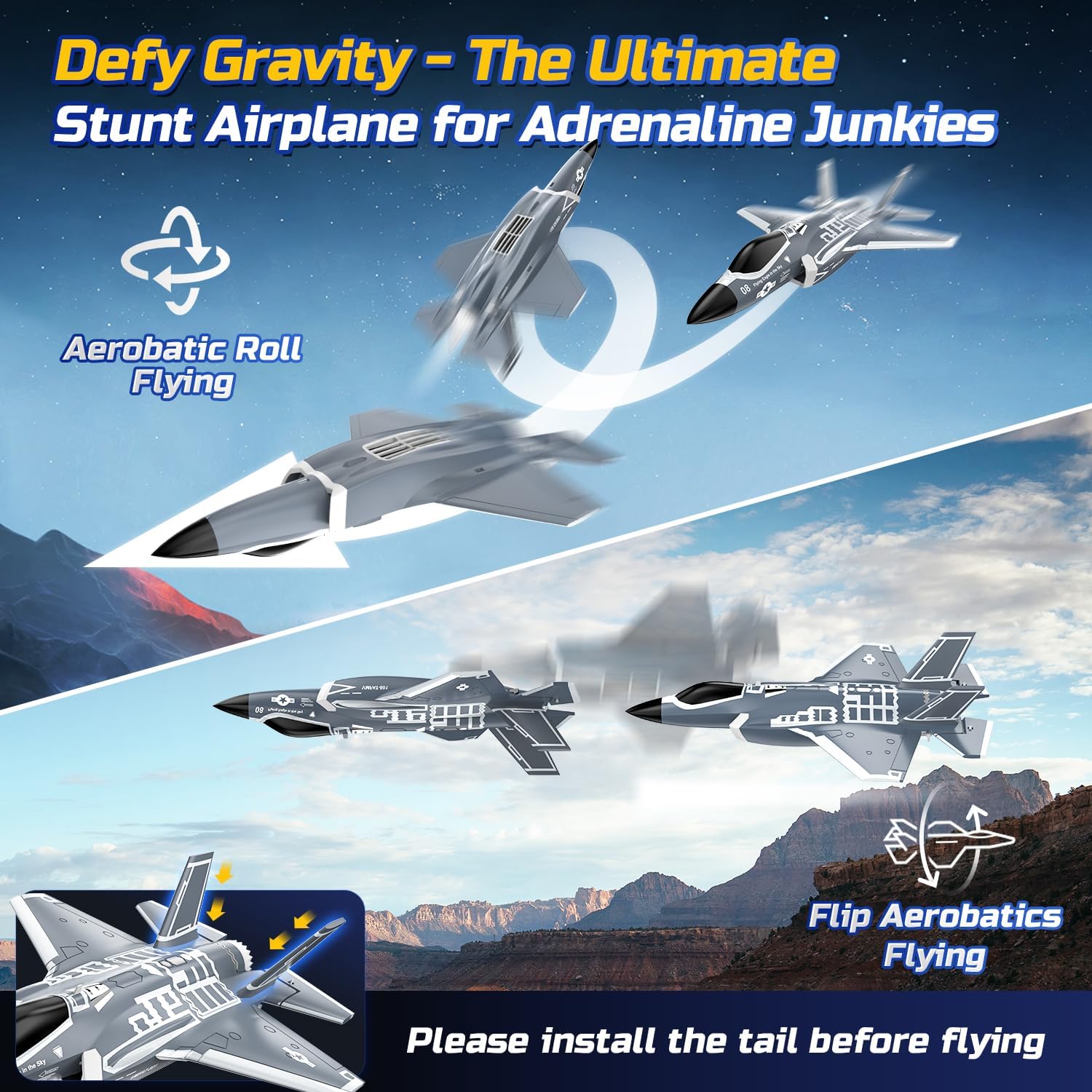 DEERC F35 4 Channel Brushless RC Plane with 2.4GHz, 6-axis Gyro Stabilizer, 8M Taxi Takeoff, 3D Stunts, 500FT Range, 20-min Flight