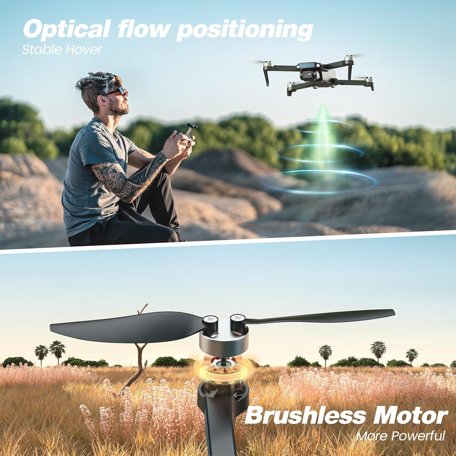 DEERC D20S FPV Drone with 1080P HD Camera, Brushless Motor, Circle Fly, High-Speed Rotation, Optical Flow, Altitude Hold, Emergency Stop, 3D Flips, 2 Batteries, Available in US And DE