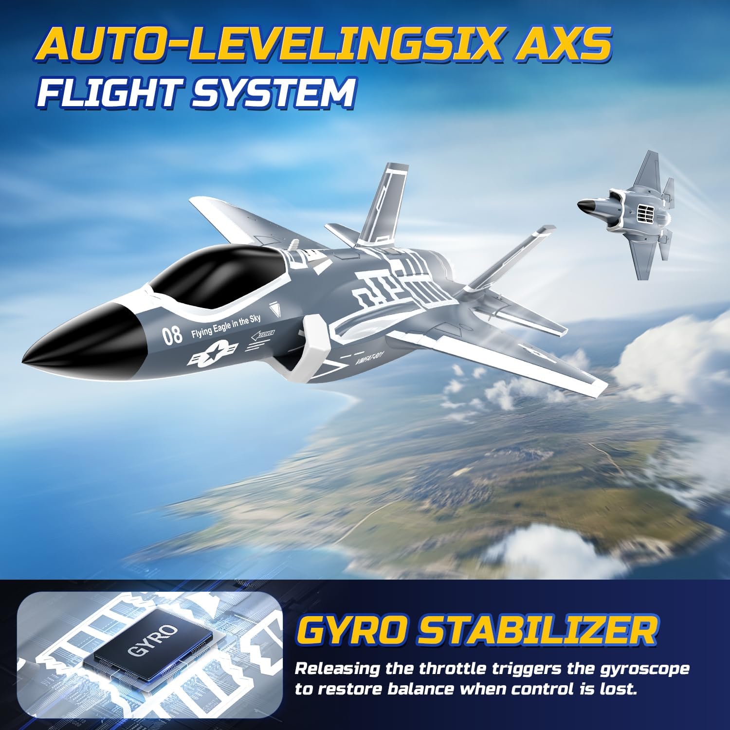 DEERC F35 4 Channel Brushless RC Plane with 2.4GHz, 6-axis Gyro Stabilizer, 8M Taxi Takeoff, 3D Stunts, 500FT Range, 20-min Flight
