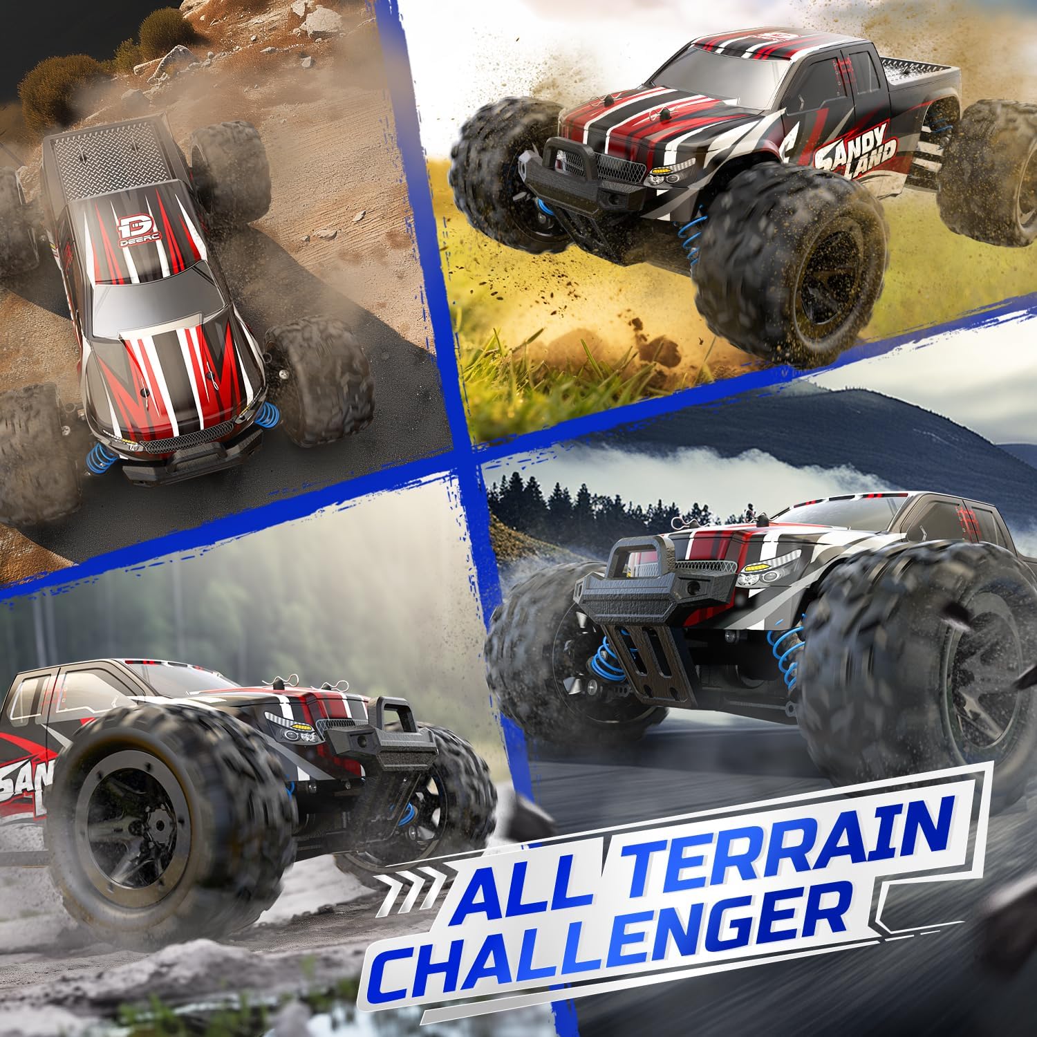 DEERC 9300 1:16 High-Speed RC Cars, 40 KM/H, 4WD Off Road Monster Trucks, 2.4GHz All-Terrain Toy Trucks, 2 Batteries