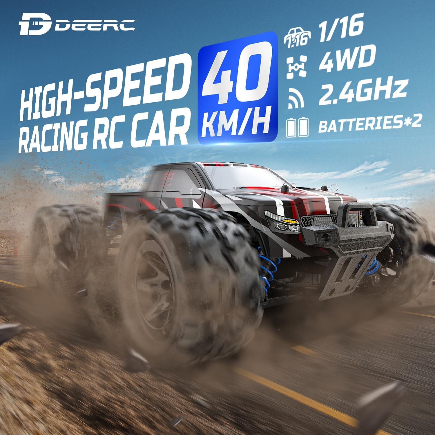 DEERC 9300 1:16 High-Speed RC Cars, 40 KM/H, 4WD Off Road Monster Trucks, 2.4GHz All-Terrain Toy Trucks, 2 Batteries
