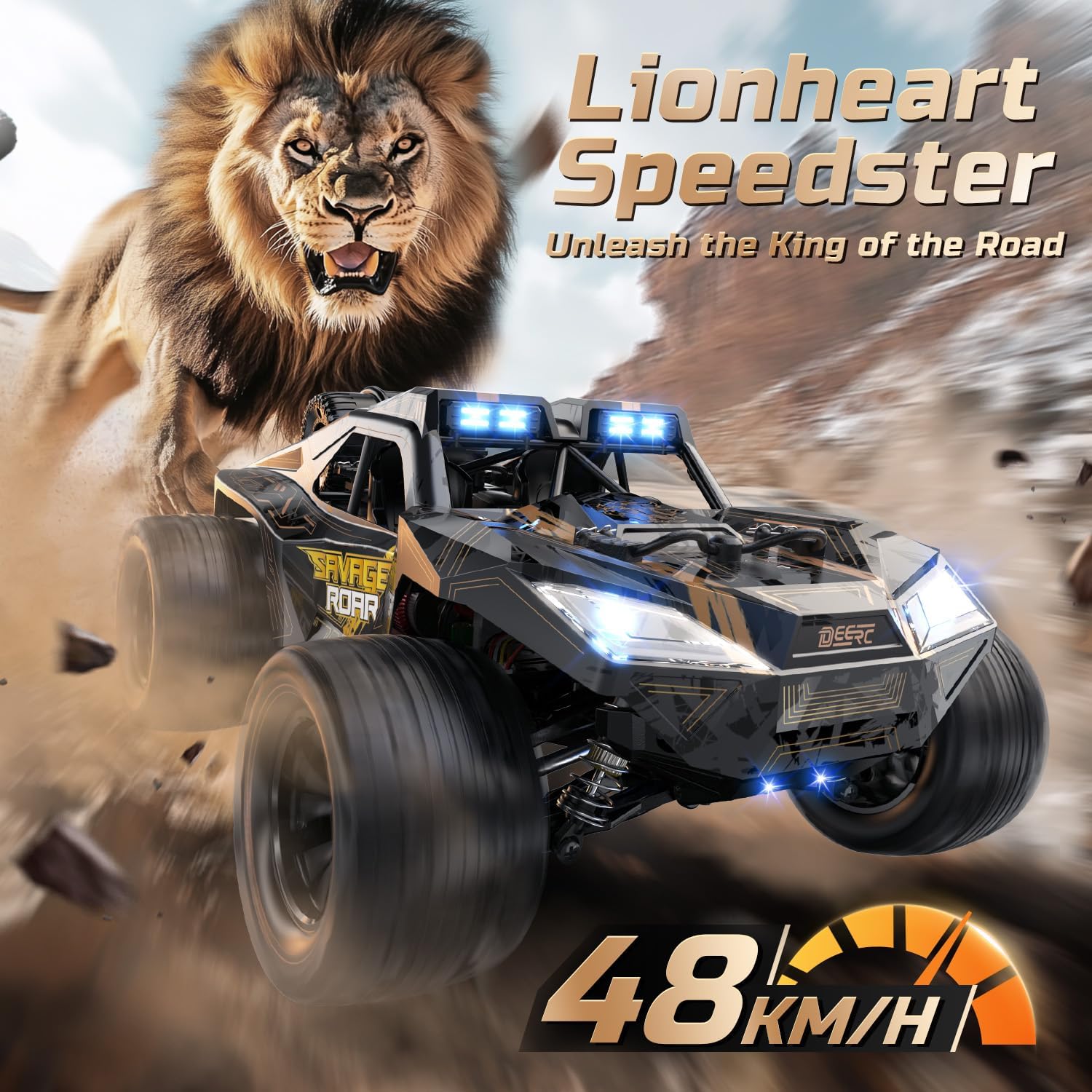 DEERC 9005E 1:14 Crawler RC Car with 48Kph High Speed, LED Headlight, Offroad 4x4, 2 Batteries, 40 Mins Playtime