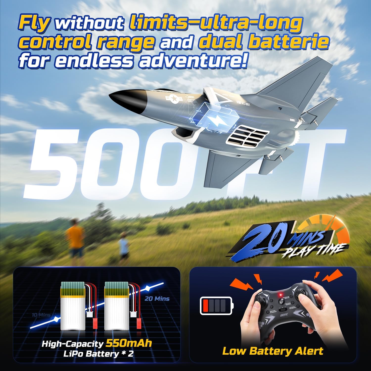 DEERC F35 4 Channel Brushless RC Plane with 2.4GHz, 6-axis Gyro Stabilizer, 8M Taxi Takeoff, 3D Stunts, 500FT Range, 20-min Flight