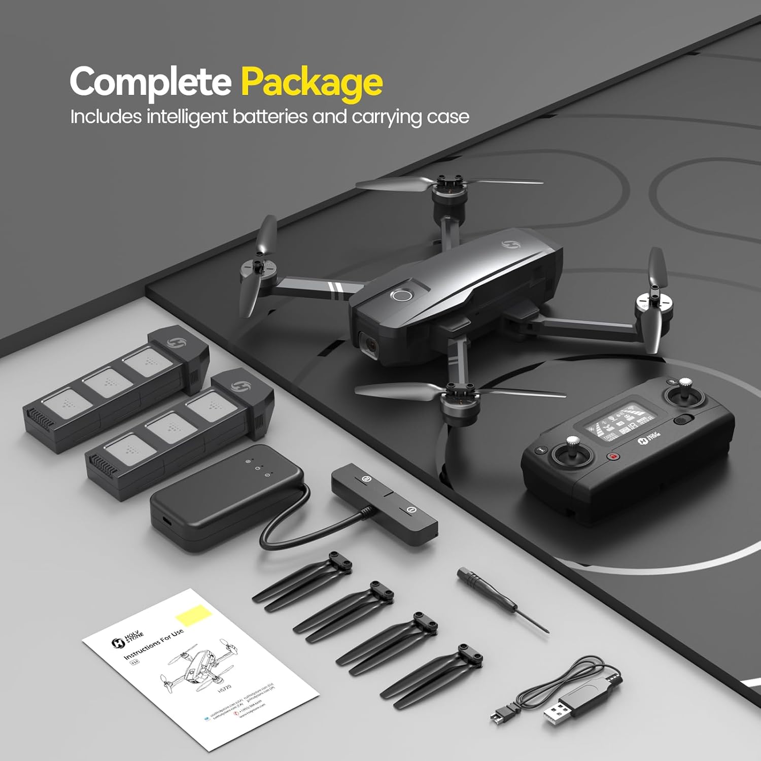 Holy Stone HS720 GPS Drone Package Includes Drone, Transmitter, 2 Batteries, 4 Extra Propellers, Portable Bag, and Charging Hub