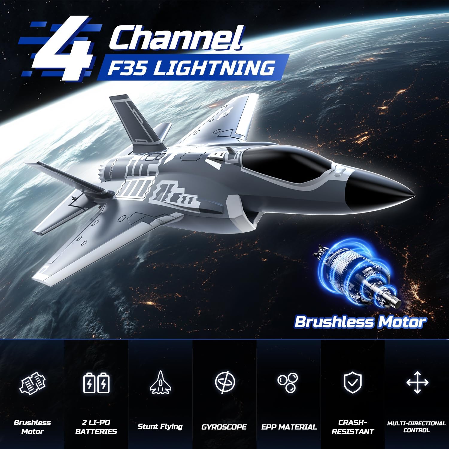 DEERC F35 4 Channel Brushless RC Plane with 2.4GHz, 6-axis Gyro Stabilizer, 8M Taxi Takeoff, 3D Stunts, 500FT Range, 20-min Flight