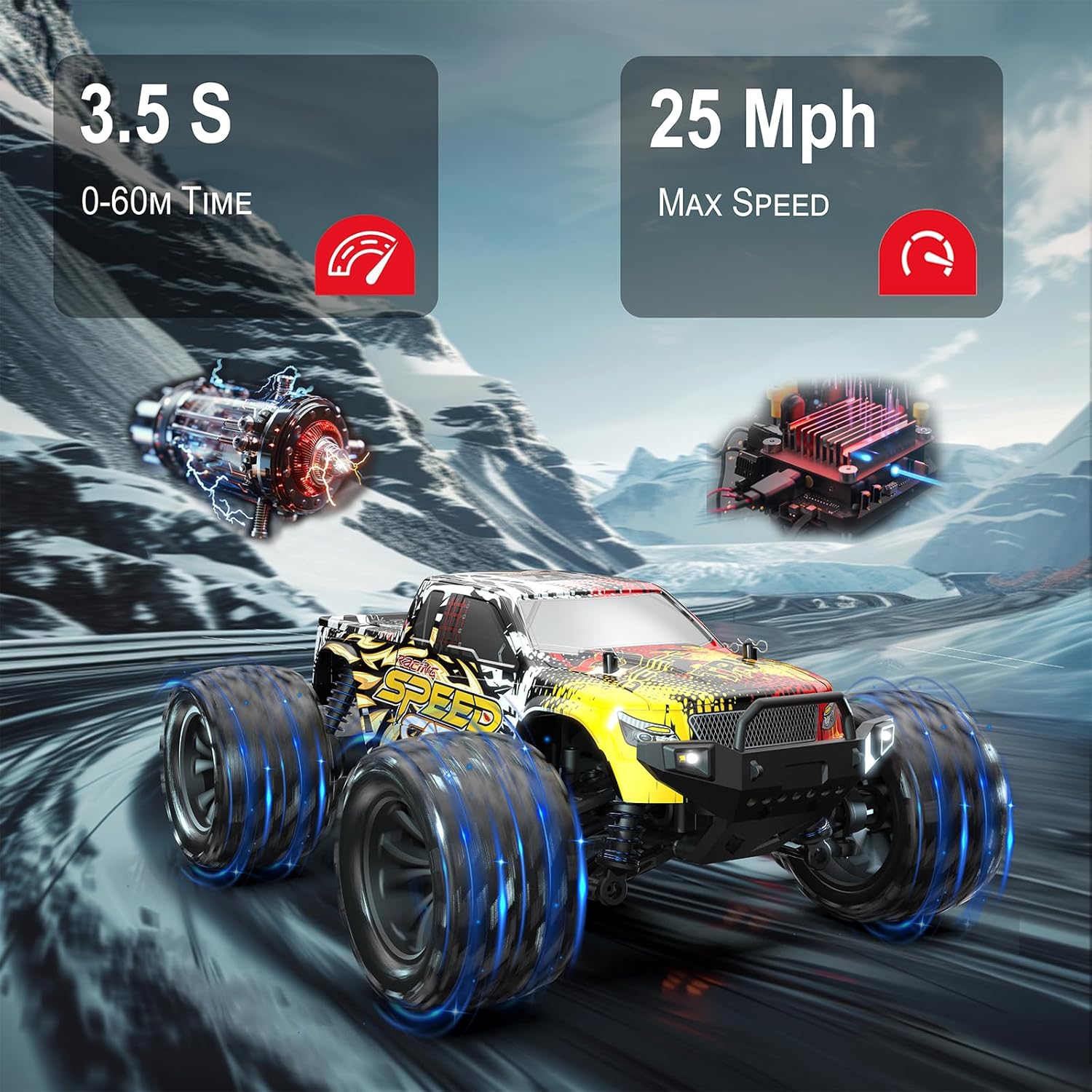 DEERC 9310 1:16 RC Car with 30+MPH, 4WD Off Road, All Terrains, 2 Batteries for 40Min Playtime, LED Lights