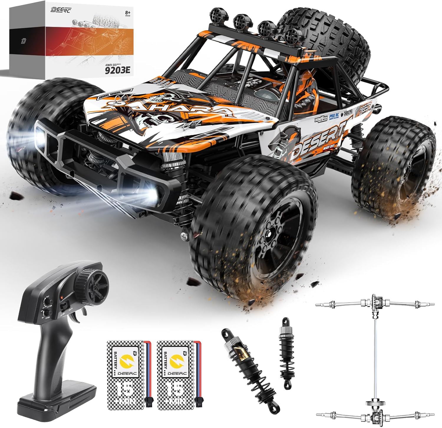 DEERC 9203E 1:10 High-Speed RC Car with Lights, 48KM/H, 4X4 Off Road, All-Terrain, 2 Batteries for 30mins Fun, Unavailable in UK