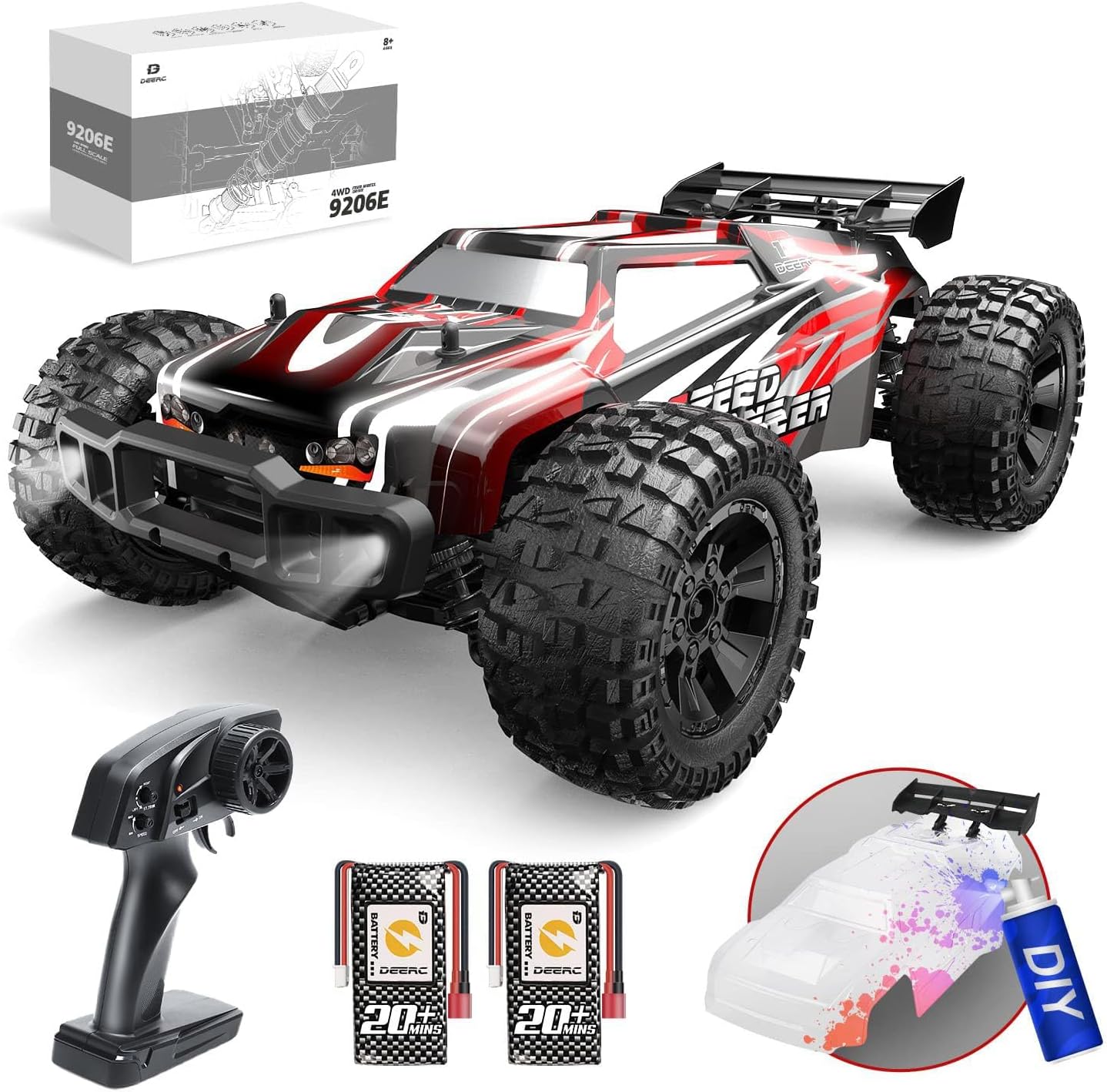 DEERC 9206E 1:10 High-Speed RC Car with DIY Extra Shell, 48+ KM/H, All-Terrain, 4WD Off Road, 2 Battery for 40+ Min, Available in US/UK/DE