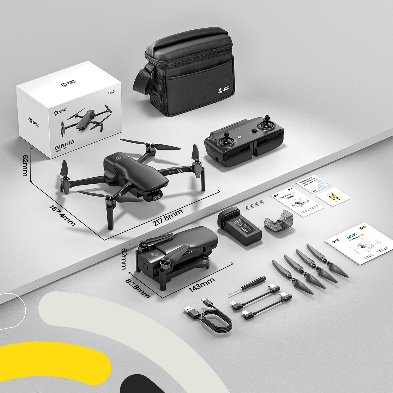 Holy Stone HS900 Drone Package Includes Drone, Remote Control, Modular Battery, 4 Extra Propellers, Charging Cable, Type-C Cable, iPhone Cable, Carry bag and Manual