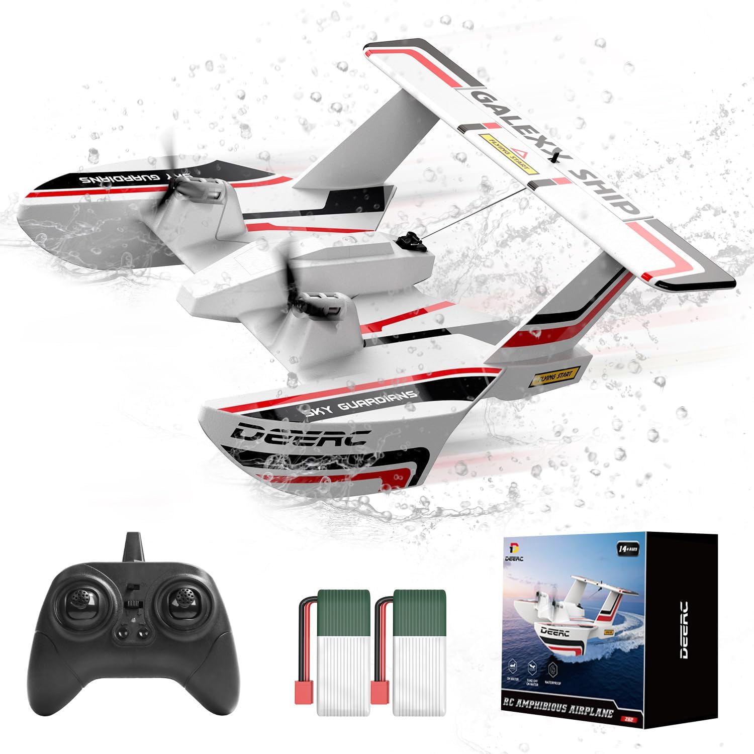 DEERC Z62 RC Plane for Water Land & Air, Amphibious Tri-Phibian Aircraft, 3CH Remote Control Plane W/ 2 Batteries, 2.4GHz RTF Airplane Glider for Boy Girl