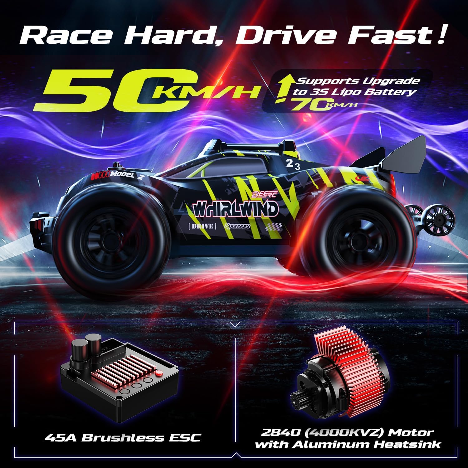 DEERC 1611 1:14 Brushless RC Car with 43 MPH, 4WD Off-Road, 4x4 All Terrain, 2 Batteries, Waterproof Vehicle, 3S Compatible