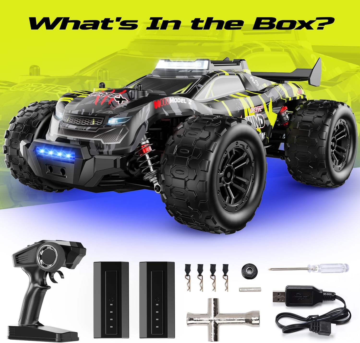 DEERC 1611 1:14 Brushless RC Car with 43 MPH, 4WD Off-Road, 4x4 All Terrain, 2 Batteries, Waterproof Vehicle, 3S Compatible