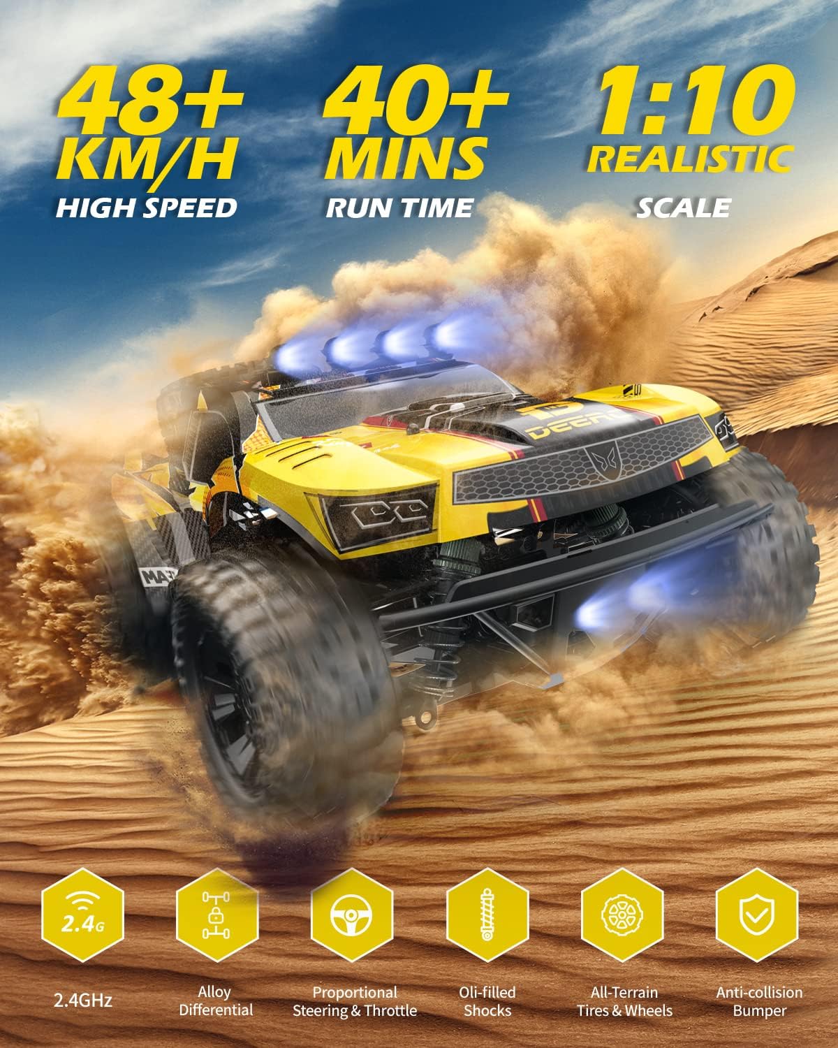 DEERC 9201E 1:10 High-Speed RC Car with Lights, 48 km/h, 4x4 Off-Road, All-Terrain, High-Torque Steering Servo, 2 Batteries, Unvailable in CA