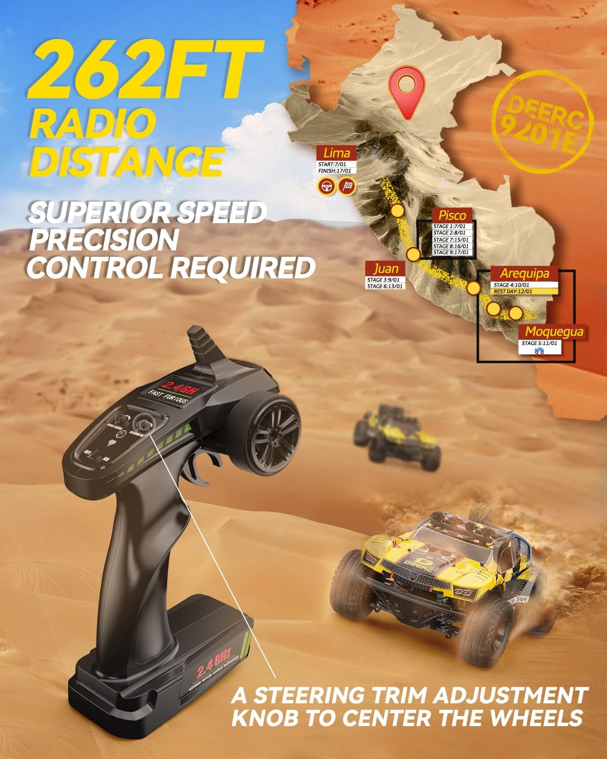 DEERC 9201E 1:10 High-Speed RC Car with Lights, 48 km/h, 4x4 Off-Road, All-Terrain, High-Torque Steering Servo, 2 Batteries, Unvailable in CA